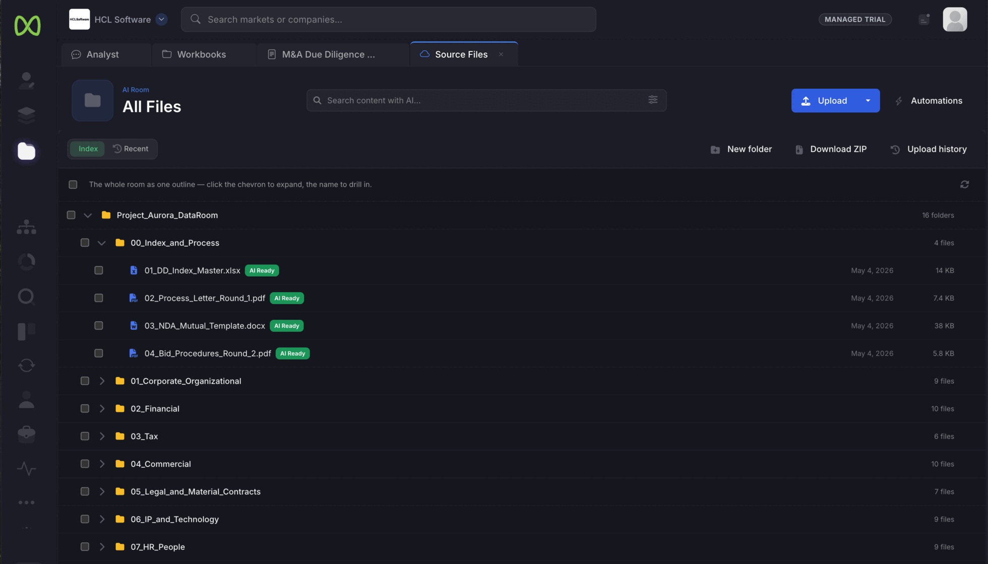 CorpDev.Ai AI Room showing a structured diligence document index and processed source files.