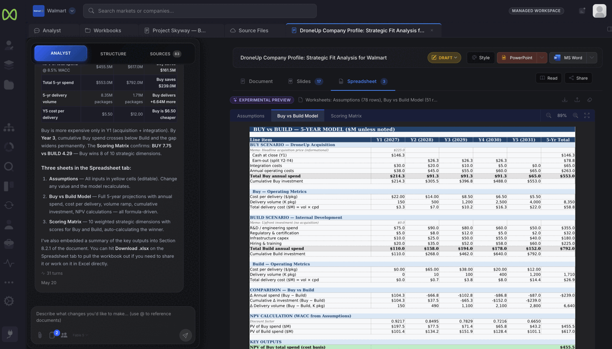 Illustrative CorpDev.Ai buy-versus-build financial model in an editable workbook alongside the AI Analyst.