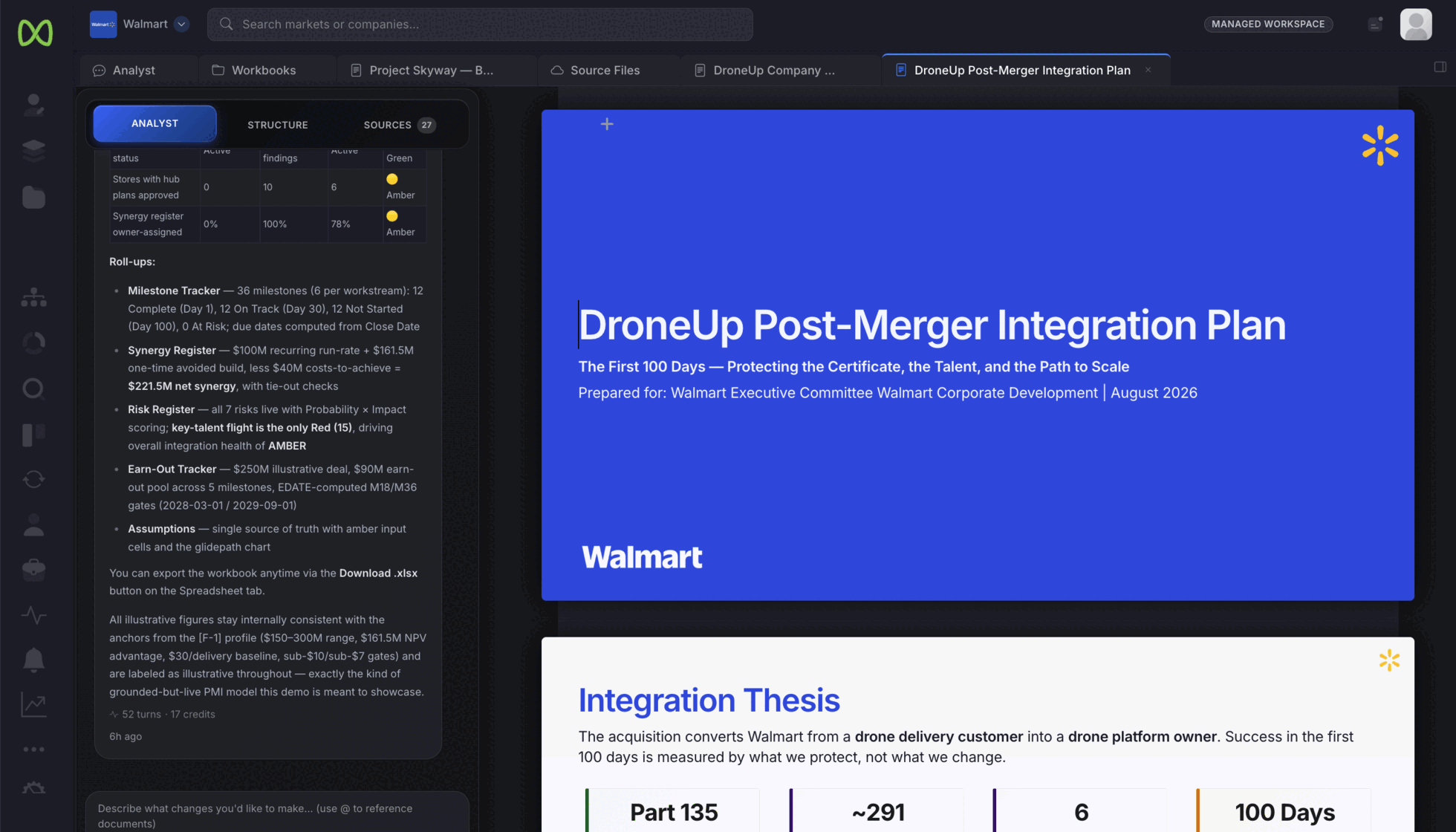 Illustrative integration presentation in the CorpDev.Ai workbook alongside the Analyst and source material.