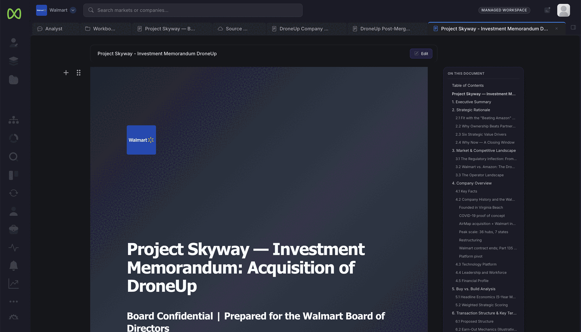 Illustrative CorpDev.Ai investment memorandum open in a workbook with detailed section navigation.