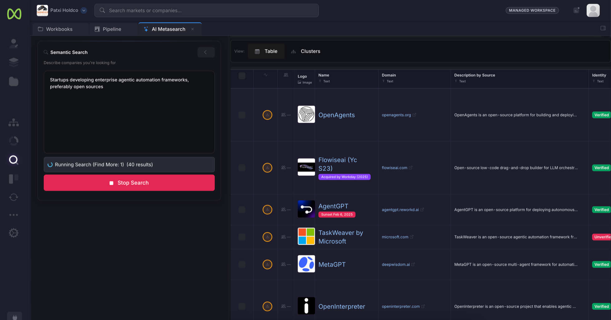 The AI Metasearch screen: a plain-English acquisition thesis typed into a semantic search box, a running search bar reading forty results, and a streaming results table listing candidate companies with logo, name, domain, a description attributed to the source that found it, and a verified-or-unverified identity flag on each row.