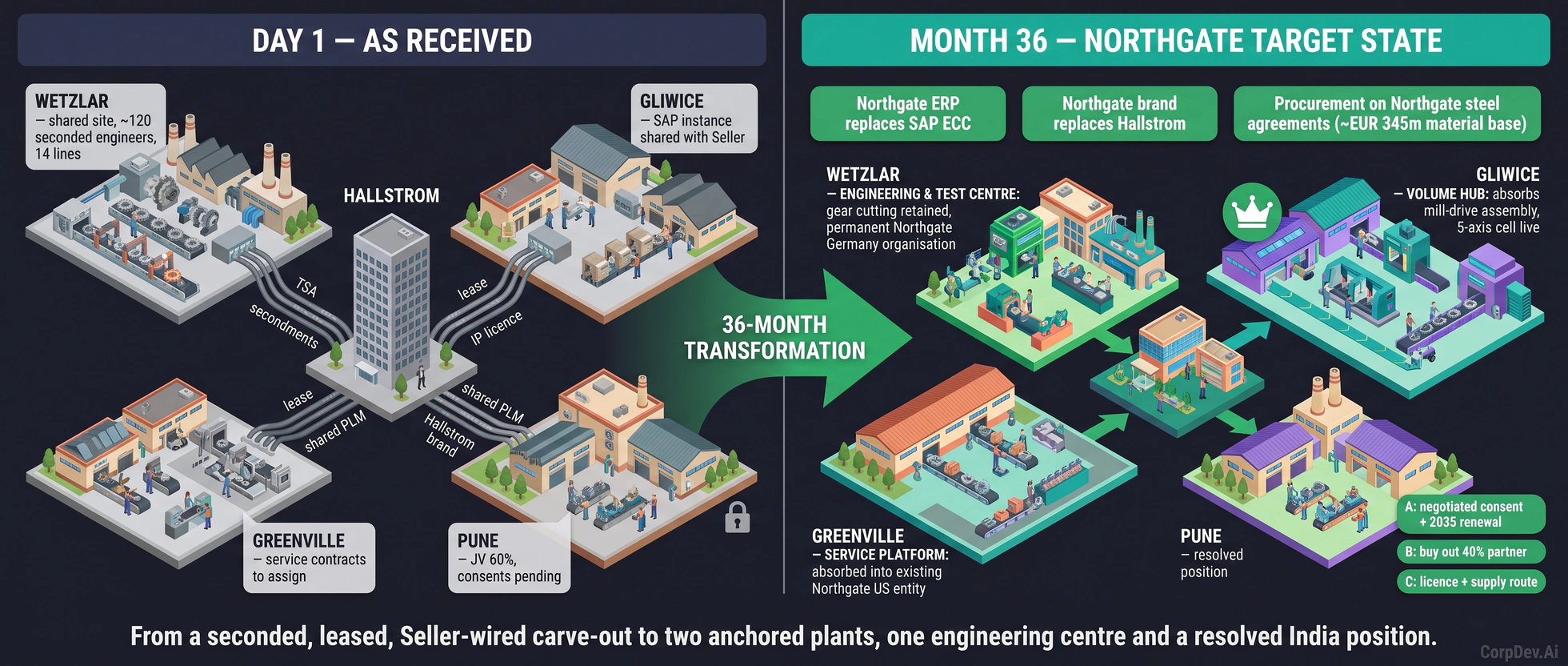 Split view of the twin: Day 1 as received, with plants wired to the seller by transition services, secondments, leases and licences, versus the Month 36 target state with anchored plants, an engineering centre and a resolved joint-venture position