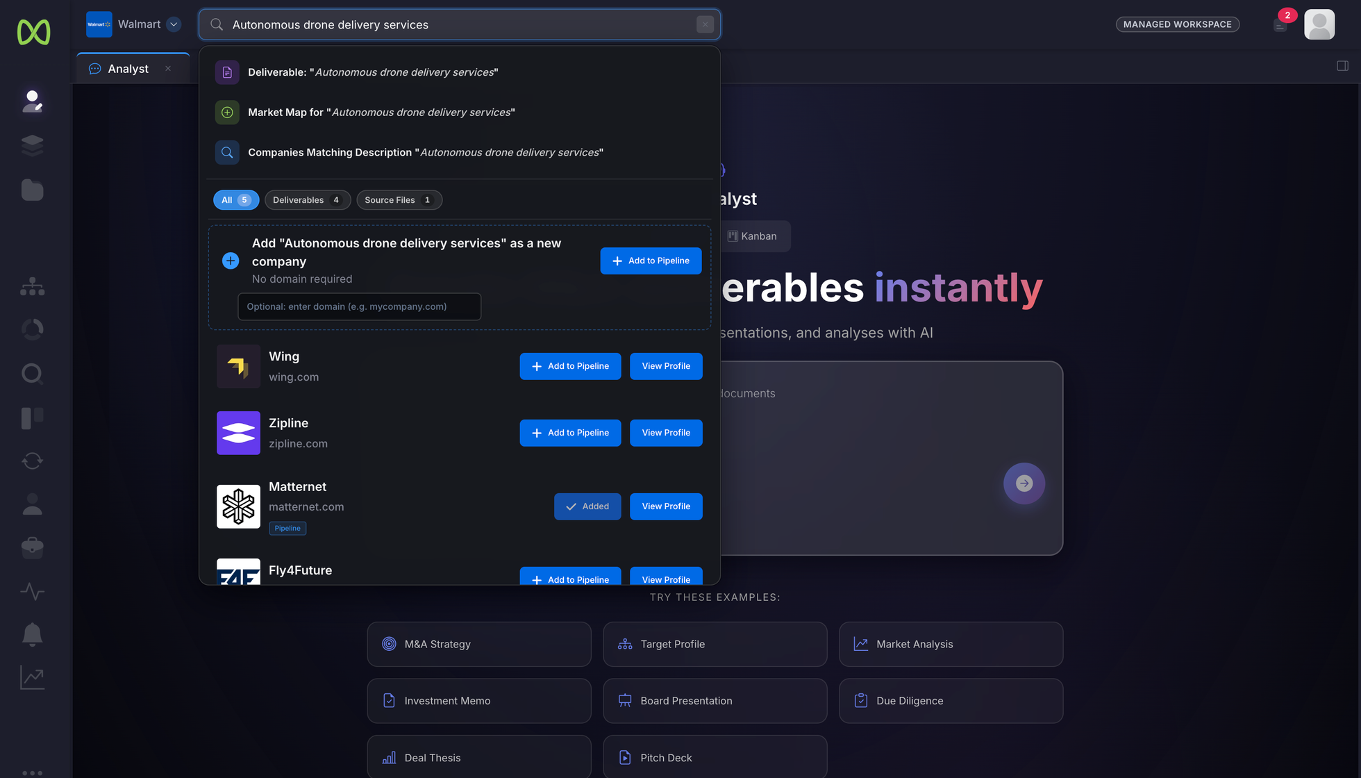 A semantic target search running live, with matched companies streaming in with verified identities and one-click add to pipeline