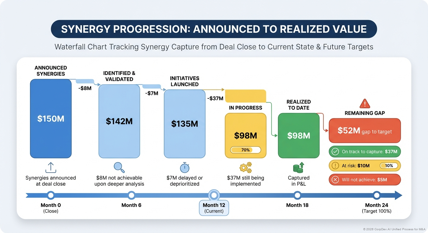Synergy Tracking Waterfall Chart - Visual showing progression from Announced Synergies through identified, planned, in-progress, and realized stages with target vs actual comparison