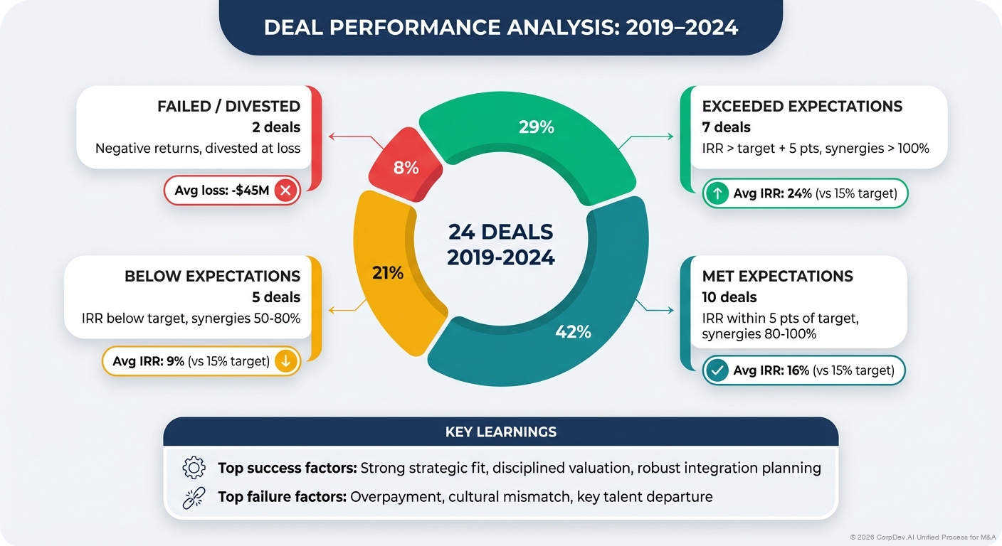Deal Outcome Distribution 5-Year History - Chart showing distribution of deal outcomes categorized as Exceeded Expectations, Met Expectations, Below Expectations, and Write-offs with percentages