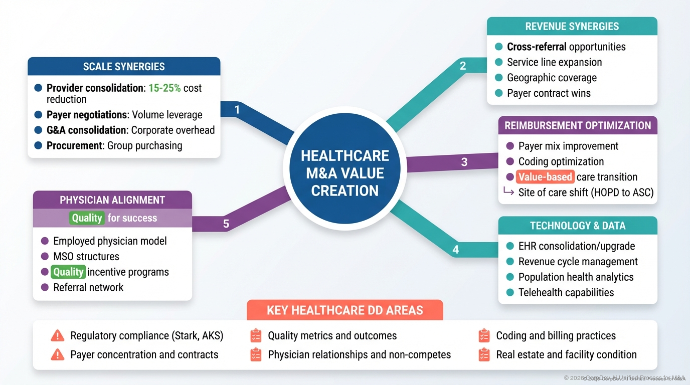 Healthcare M&A Value Drivers - Key value drivers in healthcare and life sciences M&A including pipeline stage, regulatory status, patent protection, commercial potential, and strategic fit with acquirer portfolio