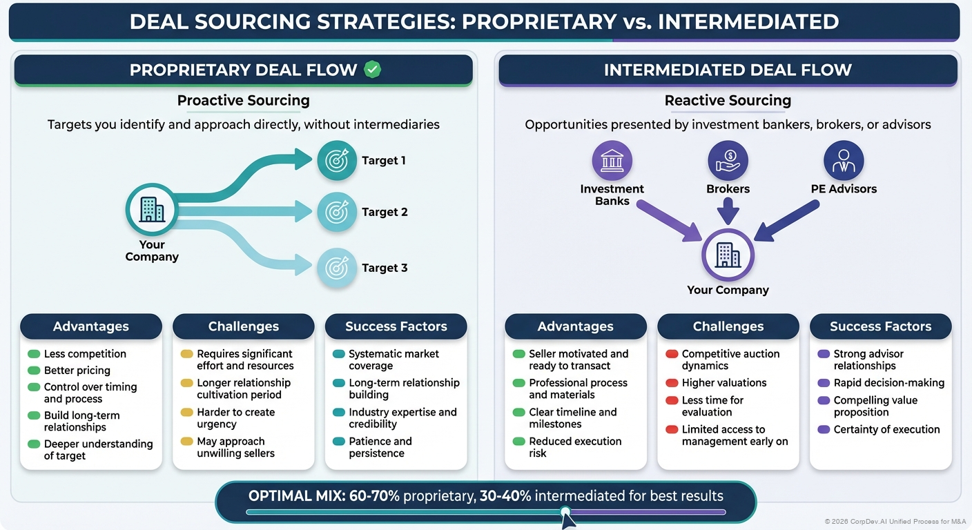 Proactive vs Reactive Sourcing Comparison - Side-by-side comparison of proprietary outreach versus intermediated deal flow with advantages, challenges, and typical outcomes