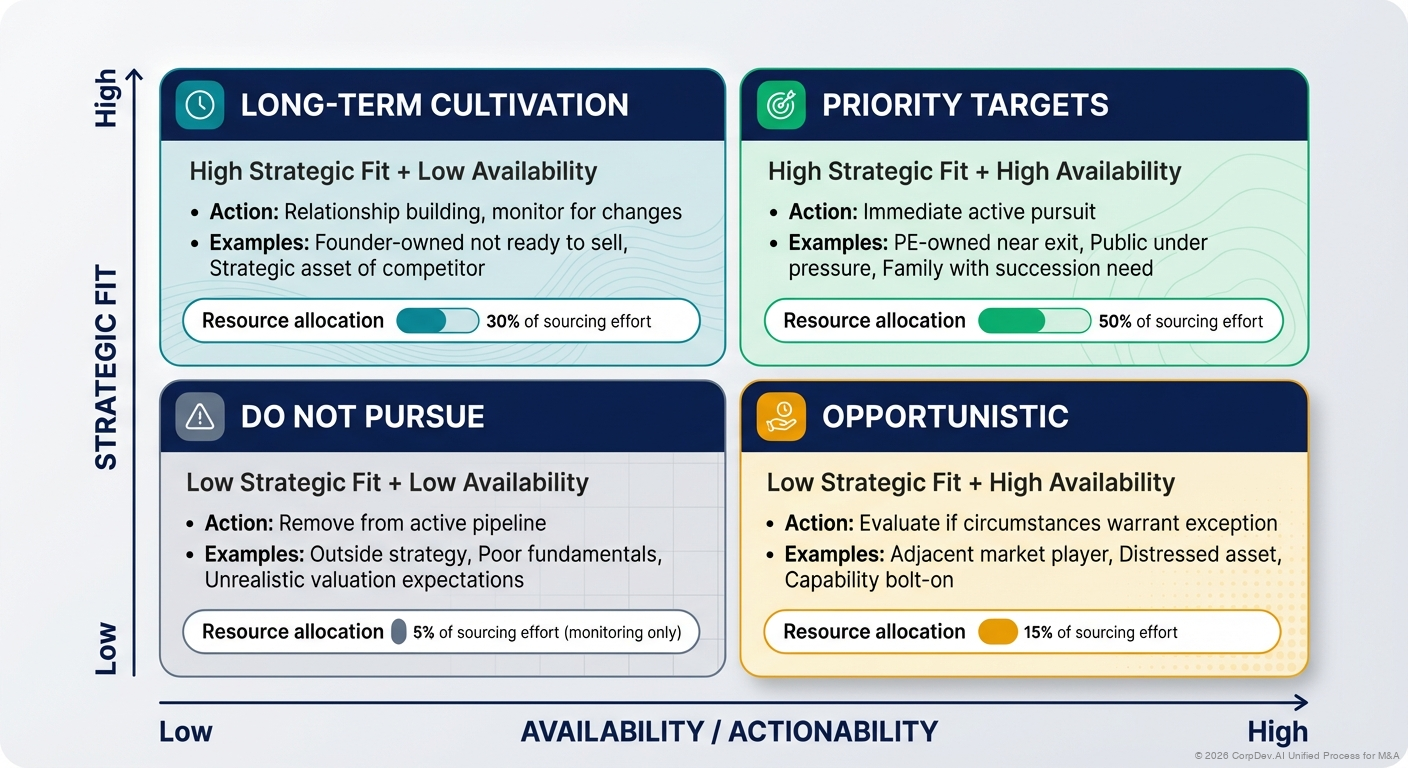 Target Prioritization Matrix - 2x2 matrix plotting Strategic Fit vs Availability/Feasibility to categorize targets as Priority 1, 2, 3, or Monitor
