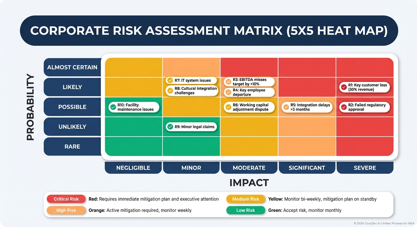 Deal Risk Heat Map - Visual overview of the RAID framework showing the four components: Risks, Assumptions, Issues, and Decisions with definitions and example entries for each
