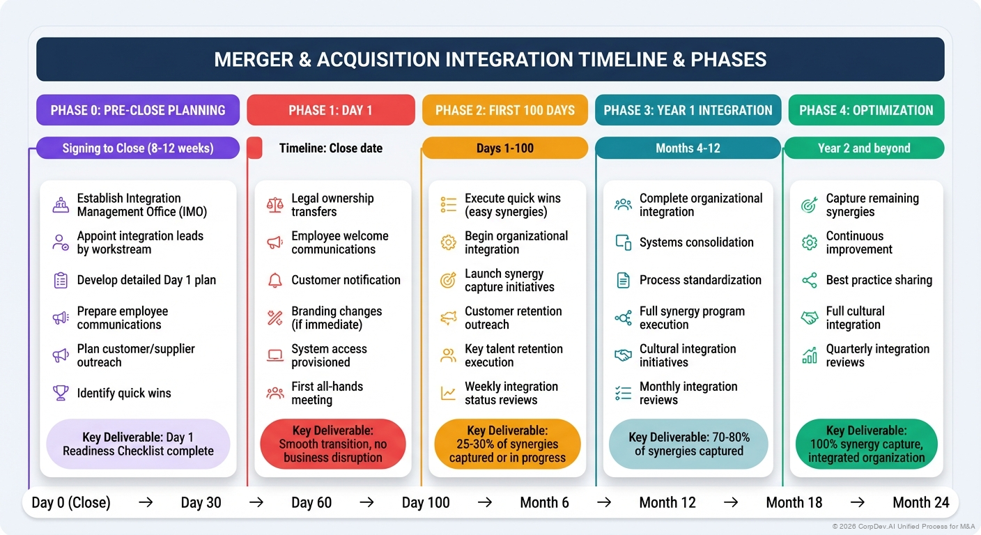 Integration Phases and Timeline - Visual timeline showing integration phases from Pre-LOI planning through Post-Close execution with key milestones and deliverables at each stage