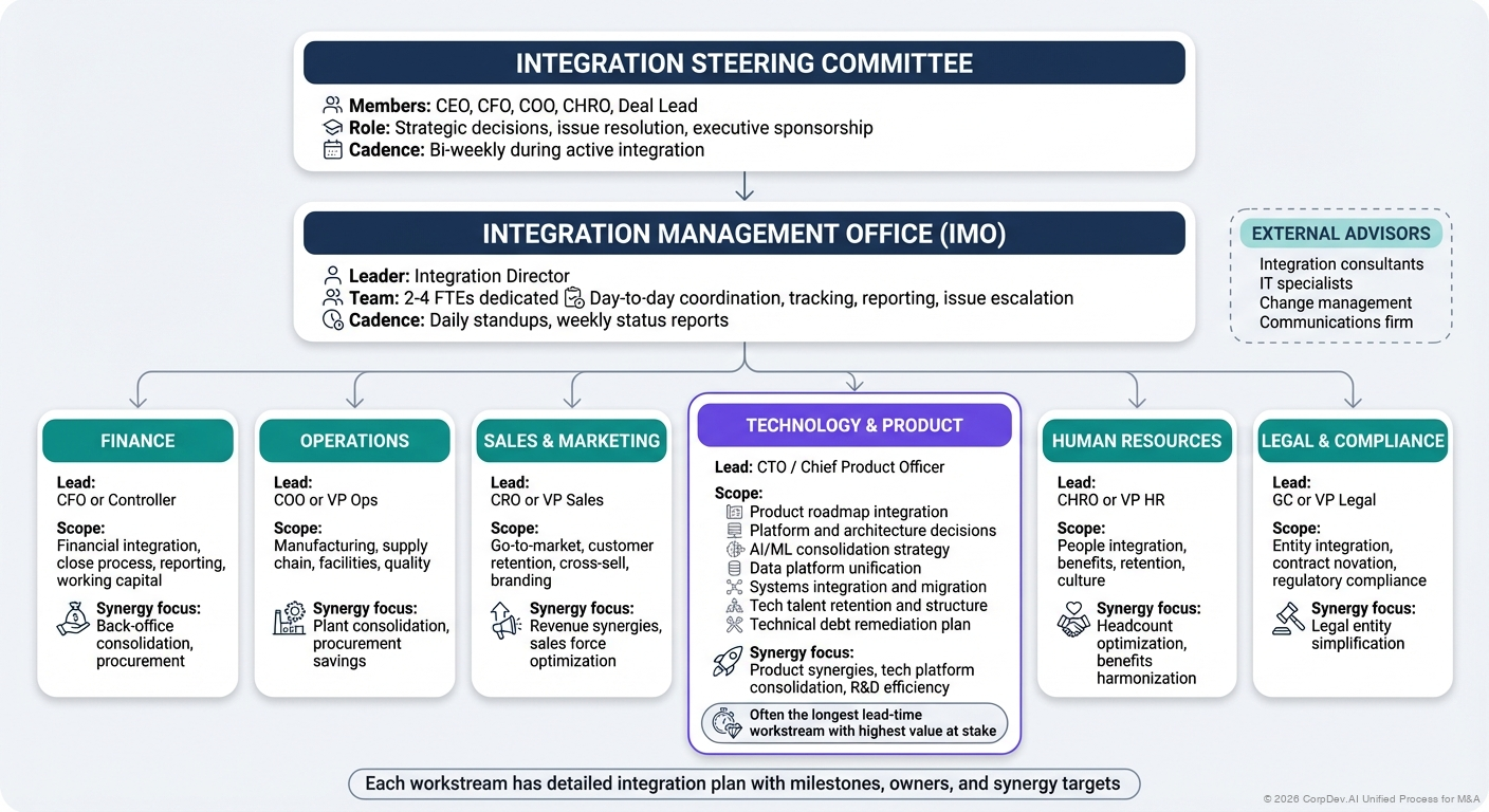 Integration Management Office (IMO) Structure - Grid showing 10 key workstreams (Leadership, Culture, Finance, Sales, Product, Operations, IT, HR, Legal, Facilities) with typical activities, timelines, and dependencies