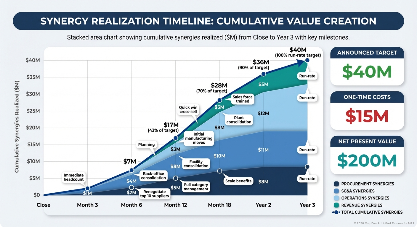 Synergy Capture Waterfall Over Time - Visual showing typical synergy realization curve with cost synergies (quick wins in Year 1, full run-rate by Year 2) and revenue synergies (beginning Year 2, full run-rate by Year 3)