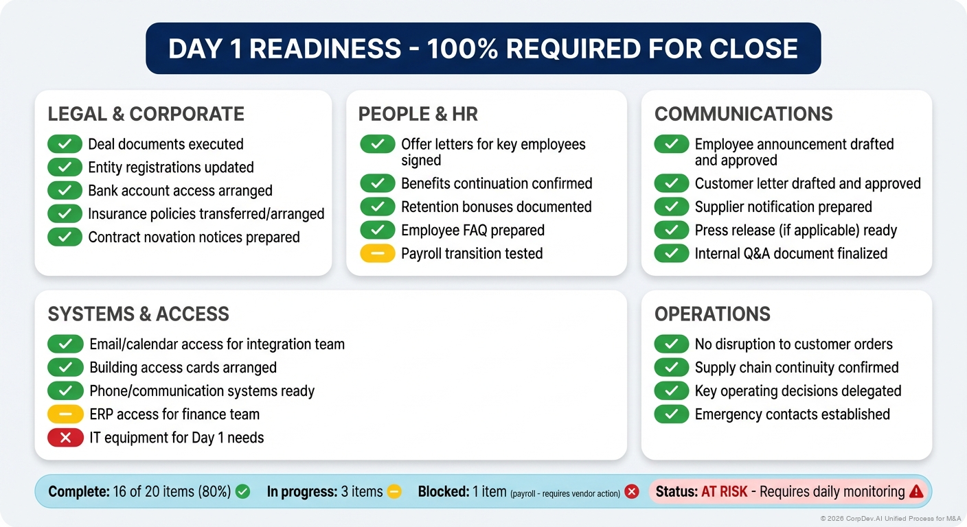 Day 1 Readiness Checklist Visual - Comprehensive checklist organized by category (Communications, Systems, Operations, Legal/HR, Leadership) with status indicators for Day 1 preparation