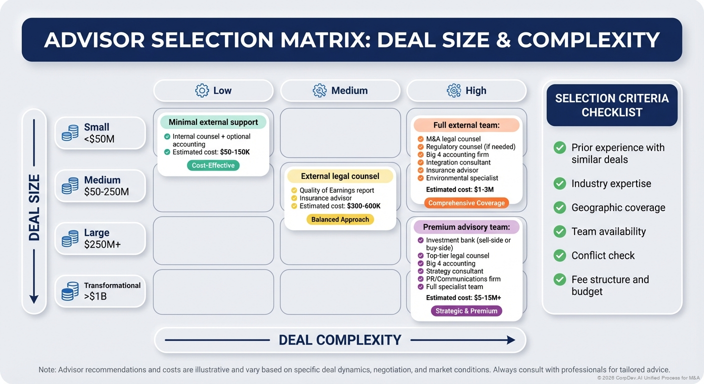 External Advisor Selection Matrix - Decision framework for selecting external advisors (investment bankers, lawyers, consultants) based on deal size, complexity, and internal capability gaps