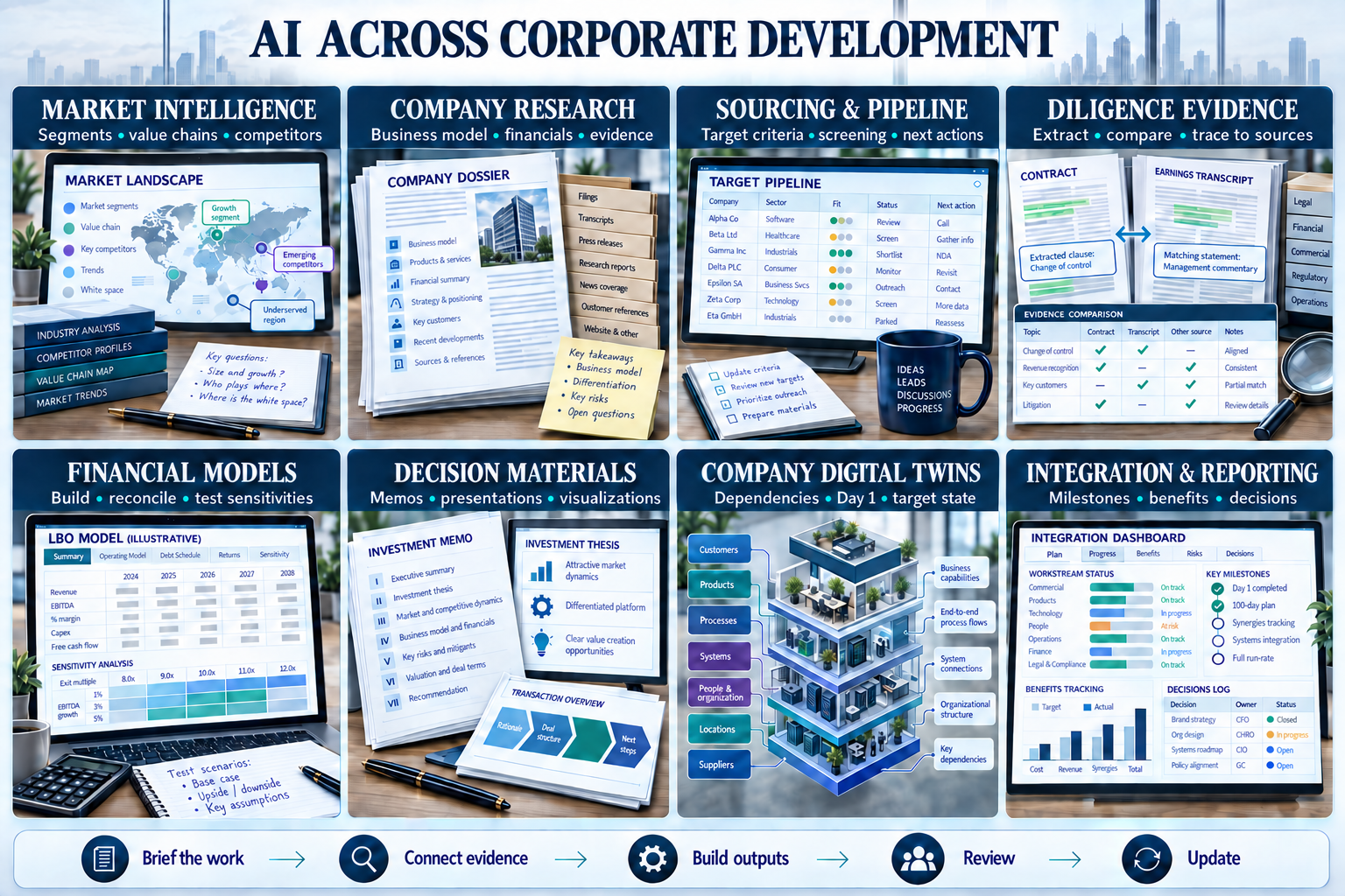 Eight connected AI workflows: market intelligence, company research, sourcing, diligence, financial models, decision materials, digital twins and integration.