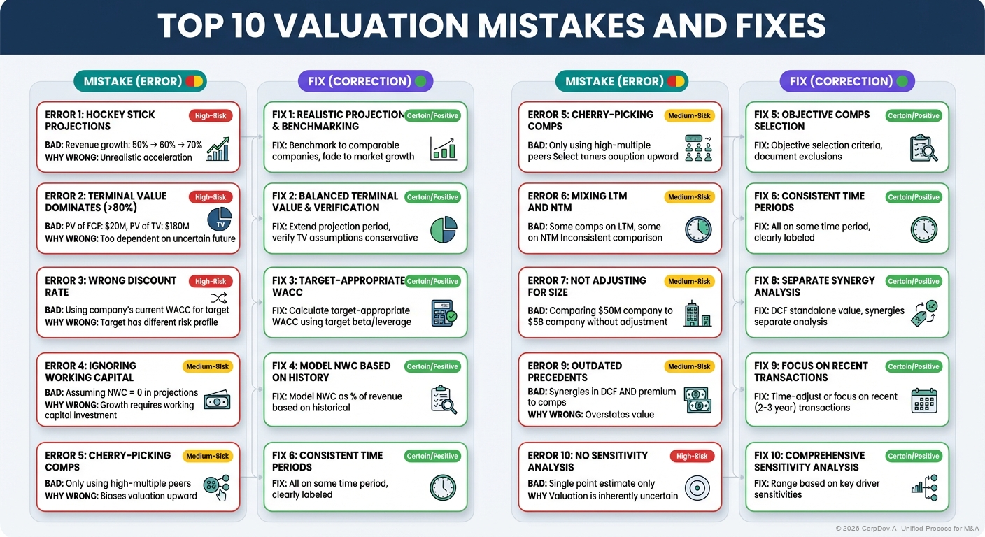 Common Valuation Errors to Avoid - Visual guide highlighting the most frequent valuation mistakes including cherry-picking comps, hockey stick projections, and ignoring terminal value assumptions